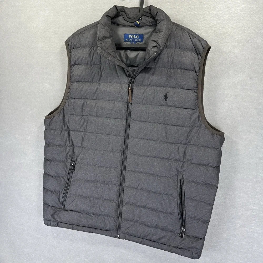Polo Ralph Lauren Mens XL Gray Duck Down Full Zip Puffer Vest Pony Logo Pockets